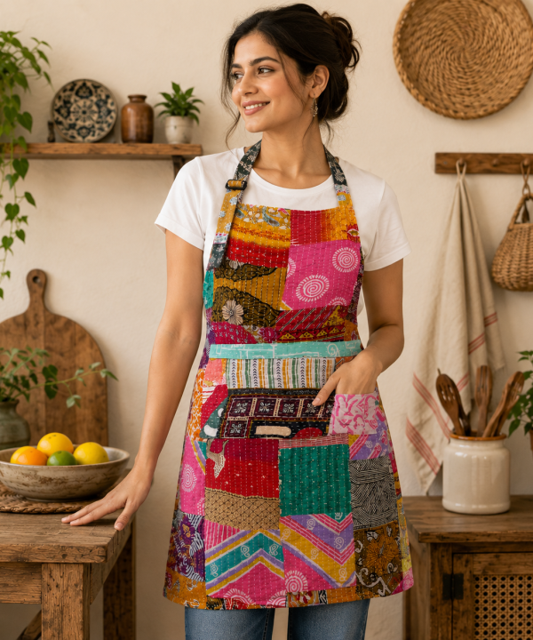 Multicolor Vintage Kantha Patchwork Apron – Handmade Recycled Sari Cotton Kitchen Apron
