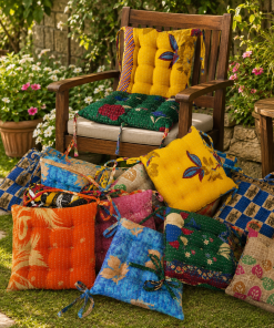 Vintage Kantha Chair Pad 15x15 Inches with Ties – Handmade Cotton Patchwork Seat Cushion – Boho Indian Chair Cushion – 1 Piece