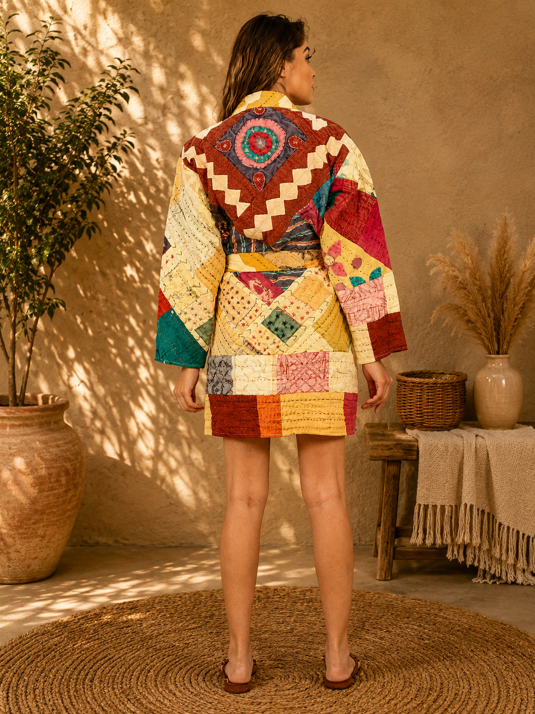 Multicolor Patchwork Kantha Jacket – 3 Layer Cotton Hand Stitched Boho Coat - Image 4