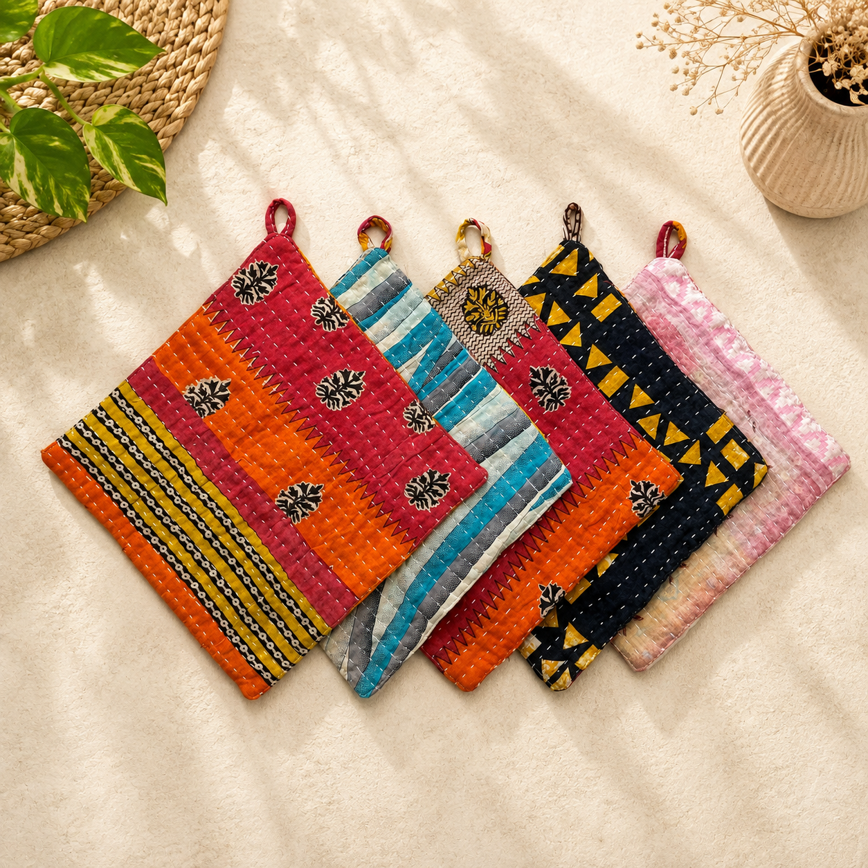 Set of 4 Vintage Kantha Pot Holders – Handmade Cotton Sari Hot Pads - Image 9