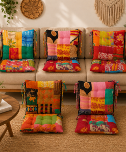 12x12 Vintage Kantha Chair Pad – Handmade Patchwork Cotton Seat Cushion