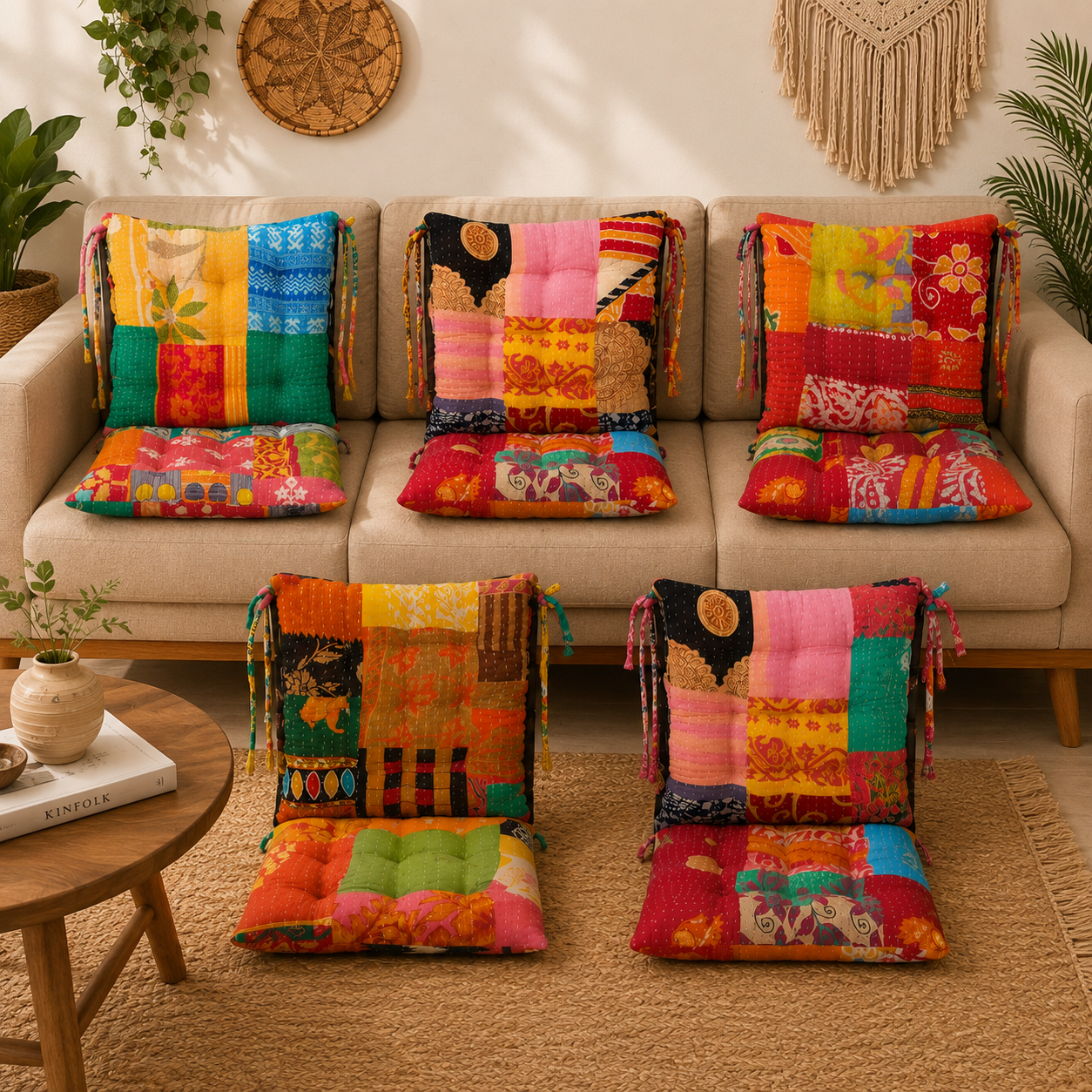 12x12 Vintage Kantha Chair Pad – Handmade Patchwork Cotton Seat Cushion