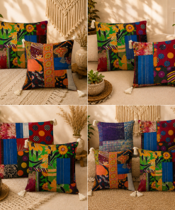 Vintage Kantha Patchwork Pillow Cover 18x18 Inch – Handmade Colorful Boho Cushion Cover, Indian Cotton Decorative Throw Pillow – 5 Piece