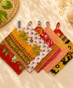 Alternative view of Set of 4 Vintage Kantha Pot Holders – Handmade Cotton Sari Hot Pads