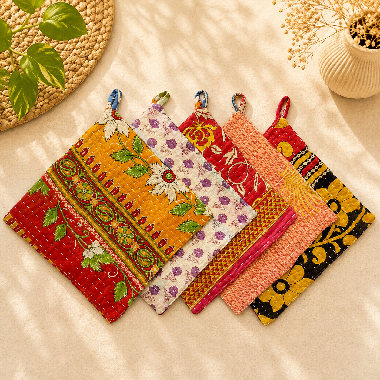 Set of 4 Vintage Kantha Pot Holders – Handmade Cotton Sari Hot Pads - Image 2