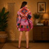 Pink & Red Multicolor Patchwork Kantha Kimono Jacket – Handmade 3 Layer Cotton Belted Boho Robe for Women - Image 4