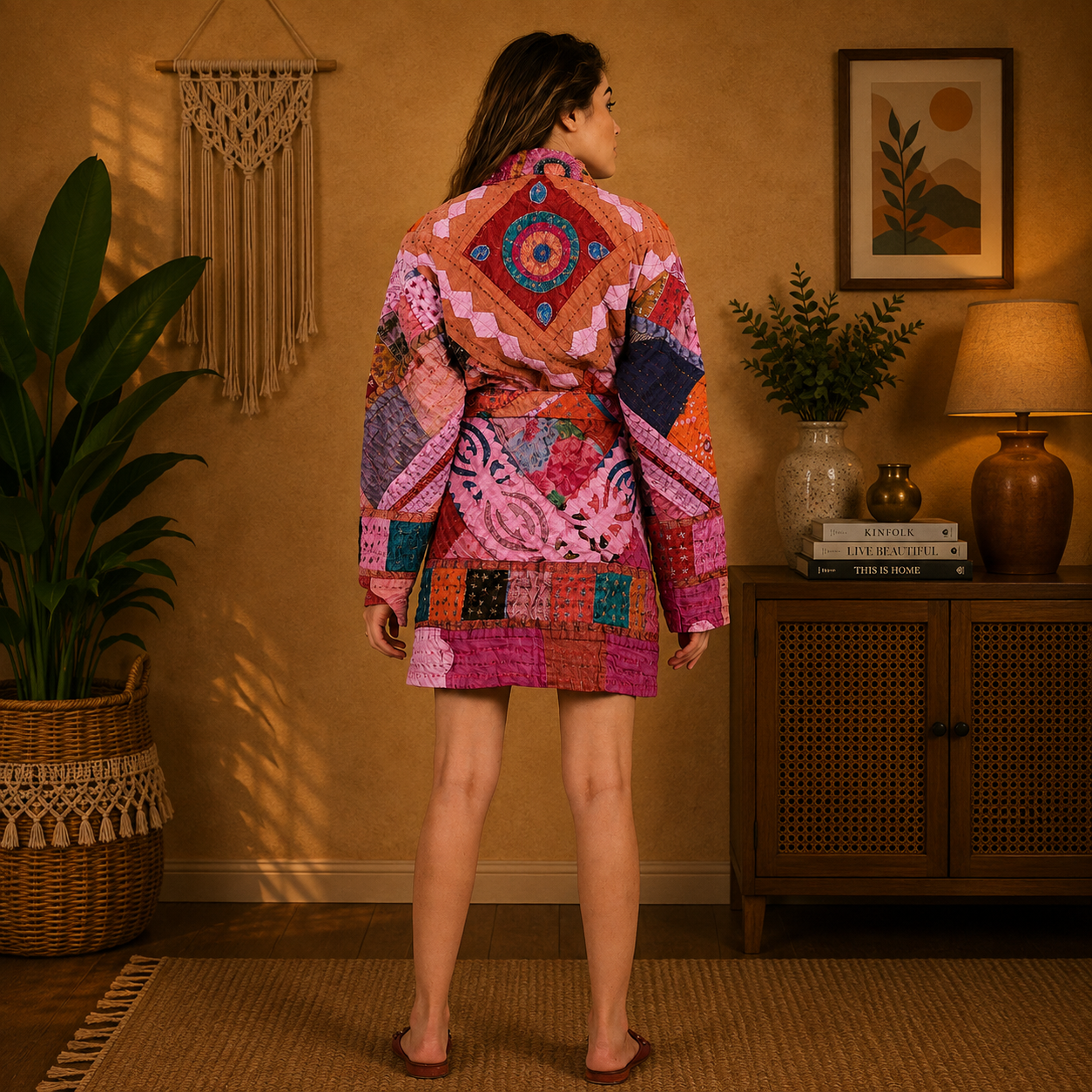 Pink & Red Multicolor Patchwork Kantha Kimono Jacket – Handmade 3 Layer Cotton Belted Boho Robe for Women - Image 4