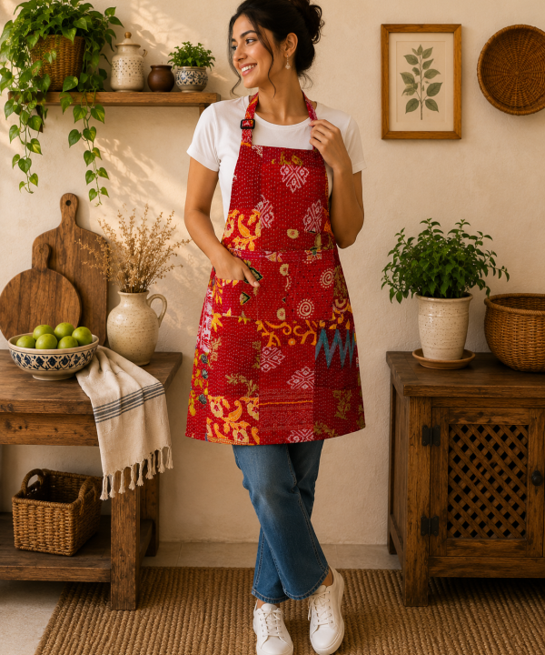 Red Vintage Kantha Patchwork Apron – Handmade Recycled Sari Cotton Kitchen Apron