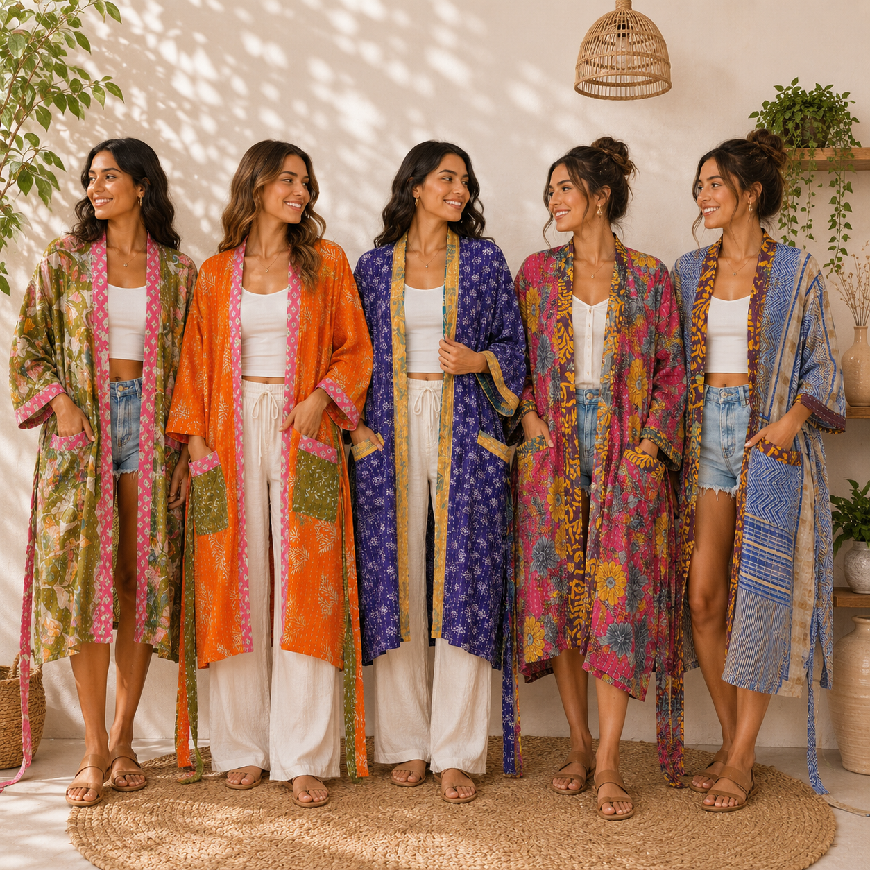 Vintage Kantha Kimono Robe 1 Pcs – Reversible Cotton Sari Patchwork Long Jacket - Image 4