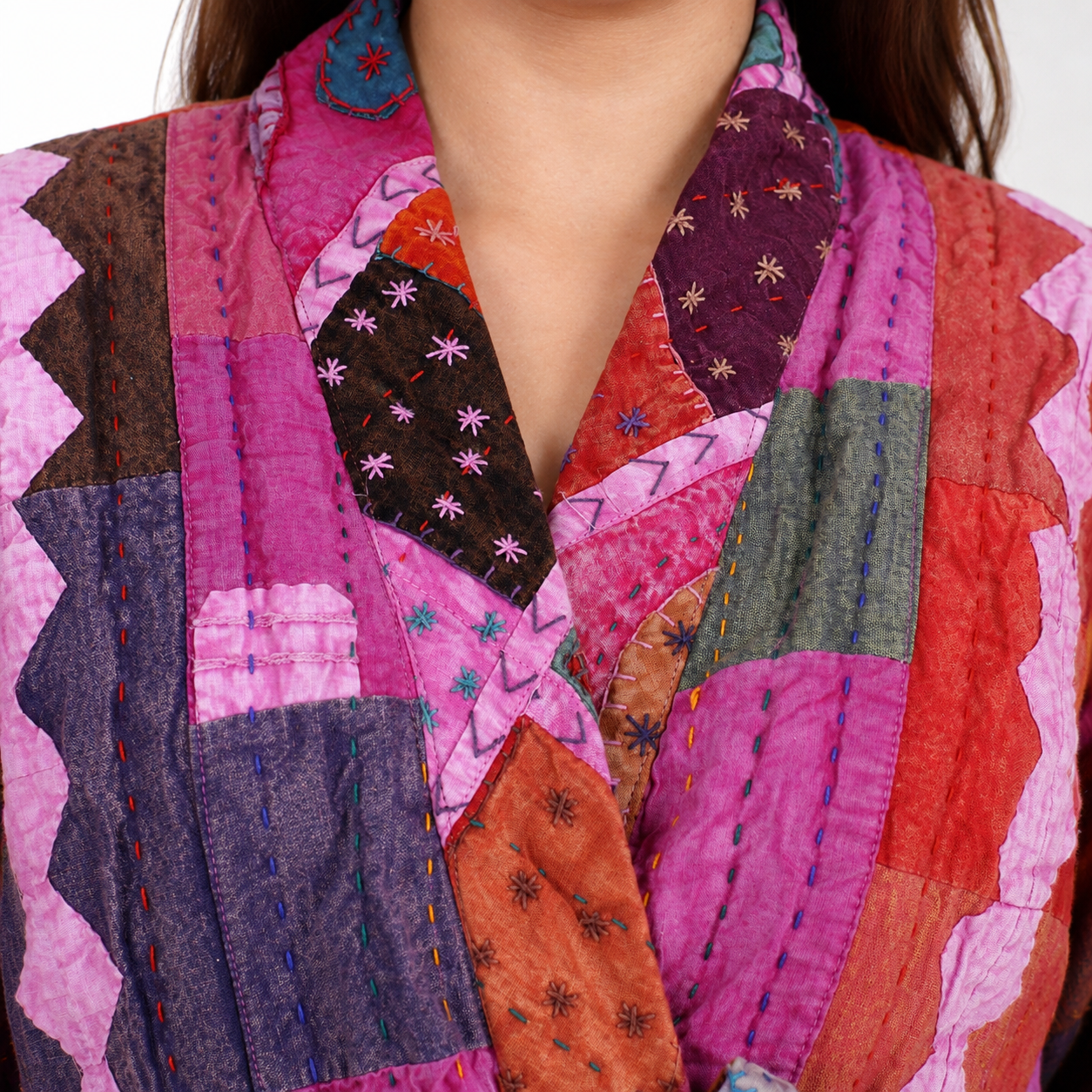 Pink Multicolor Patchwork Kantha Kimono Jacket – Handmade 3 Layer Cotton Belted Boho Robe for Women - Image 5