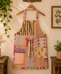 Alternative view of Cream Pink Vintage Kantha Patchwork Apron – Handmade Cotton Sari Kitchen Apron