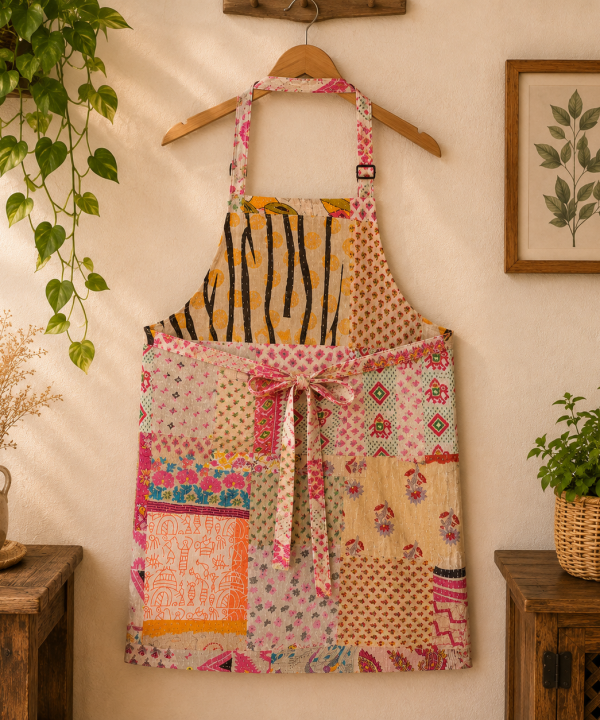 Alternative view of Cream Pink Vintage Kantha Patchwork Apron – Handmade Cotton Sari Kitchen Apron
