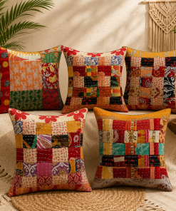 Set of 5 Vintage Kantha Patchwork Pillow Covers 18x18 Inches – Handmade Indian Cotton Cushion Covers – Boho Sofa Décor