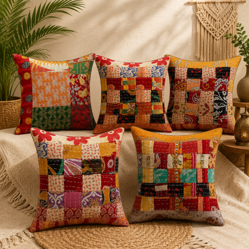 Set of 5 Vintage Kantha Patchwork Pillow Covers 18x18 Inches – Handmade Indian Cotton Cushion Covers – Boho Sofa Décor