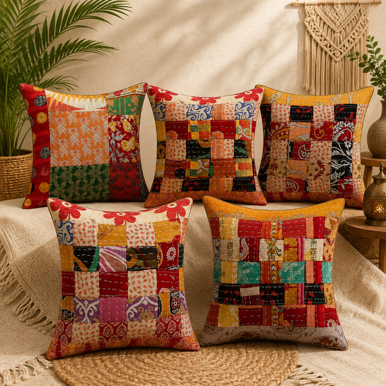 Set of 5 Vintage Kantha Patchwork Pillow Covers 18x18 Inches – Handmade Indian Cotton Cushion Covers – Boho Sofa Décor