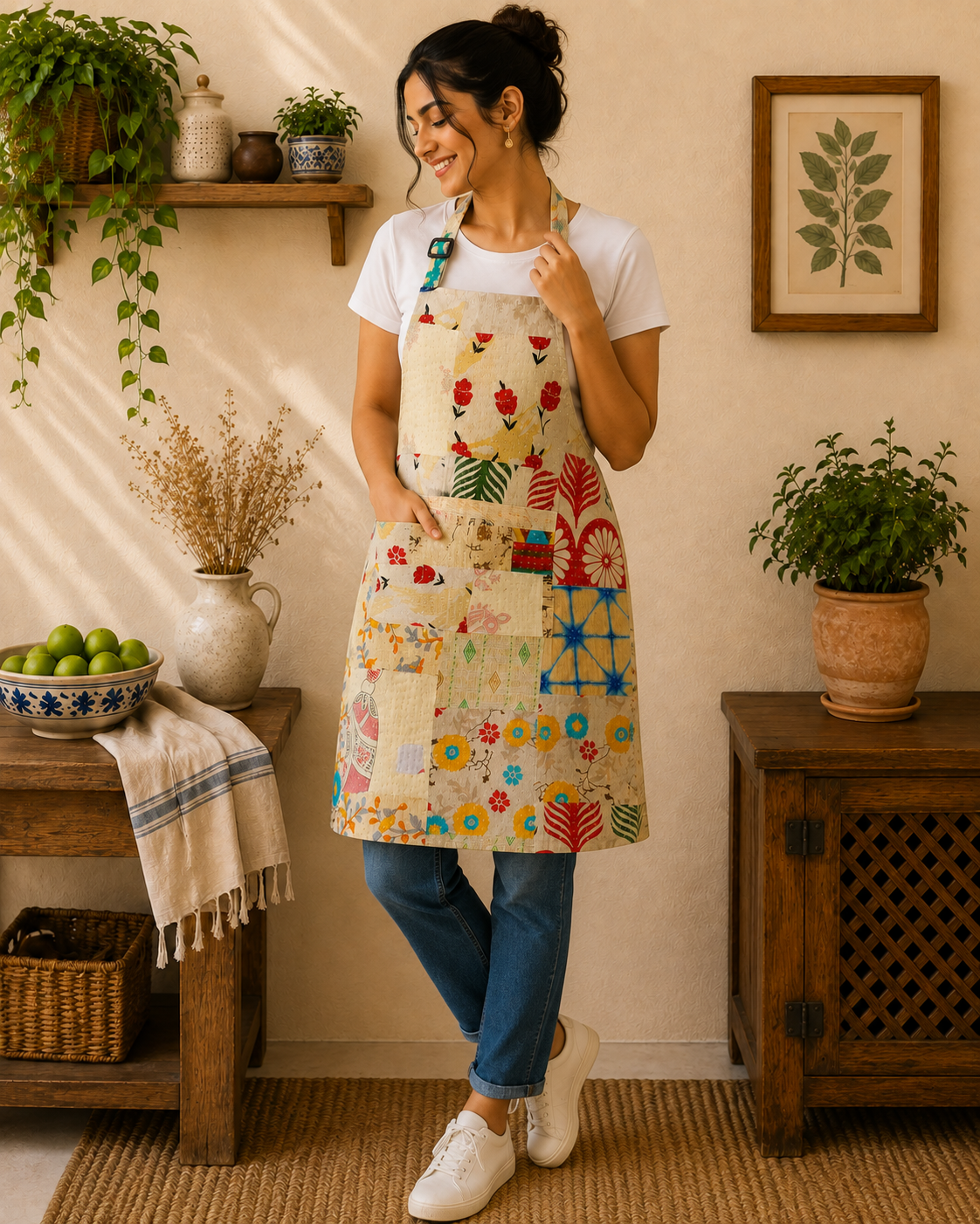 Vintage Kantha Patchwork Cotton Apron – Handmade Recycled Sari Kitchen Apron - Image 4