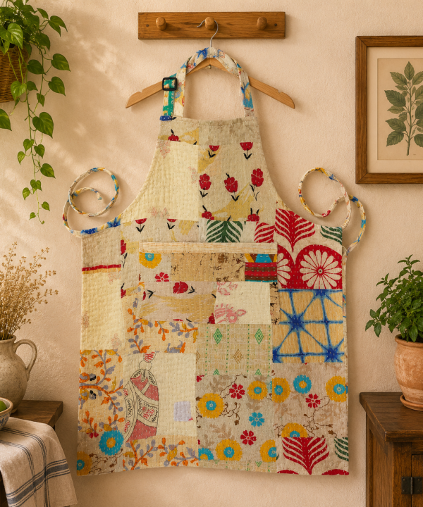 Alternative view of Vintage Kantha Patchwork Cotton Apron – Handmade Recycled Sari Kitchen Apron