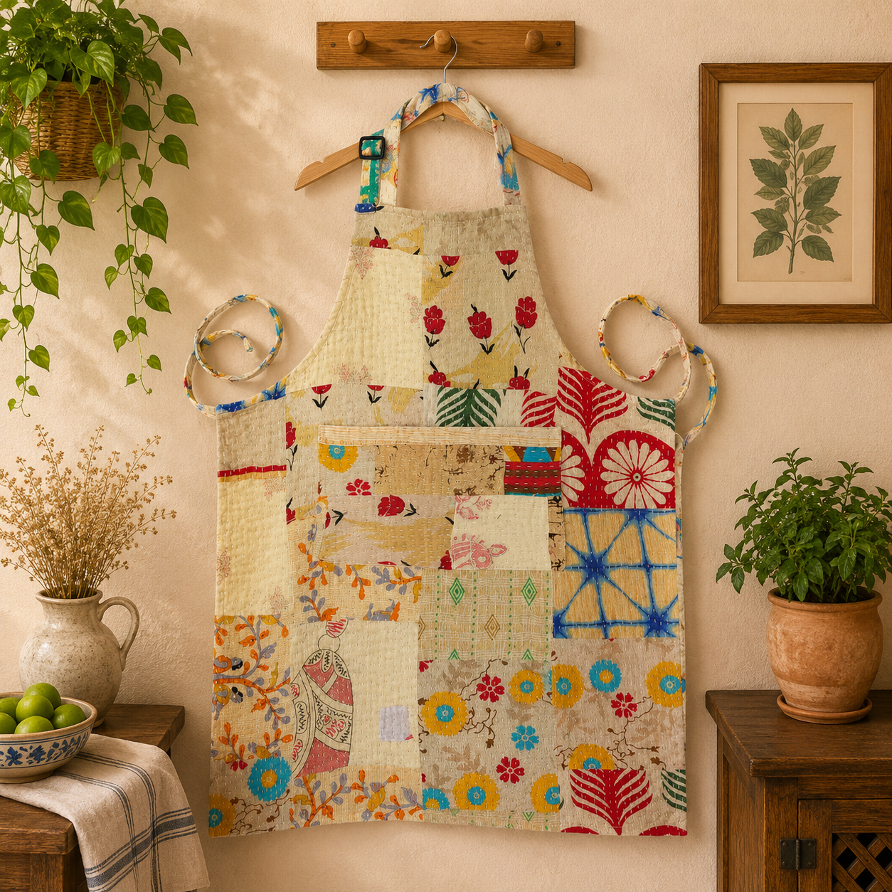 Vintage Kantha Patchwork Cotton Apron – Handmade Recycled Sari Kitchen Apron - Image 2