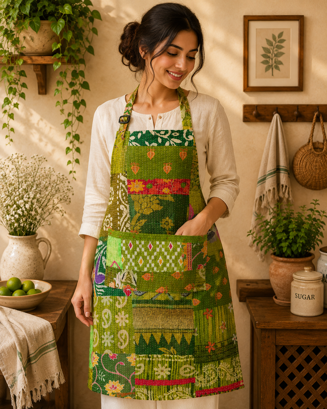 Green Vintage Kantha Patchwork Apron – Handmade Cotton Sari Kitchen Apron - Image 4