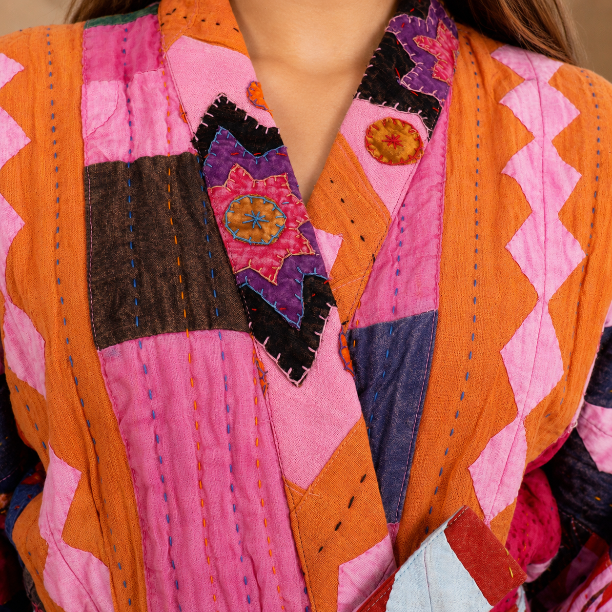 Pink & Orange Patchwork Kantha Kimono Jacket – Handmade Cotton Belted Boho Robe for Women - Image 5