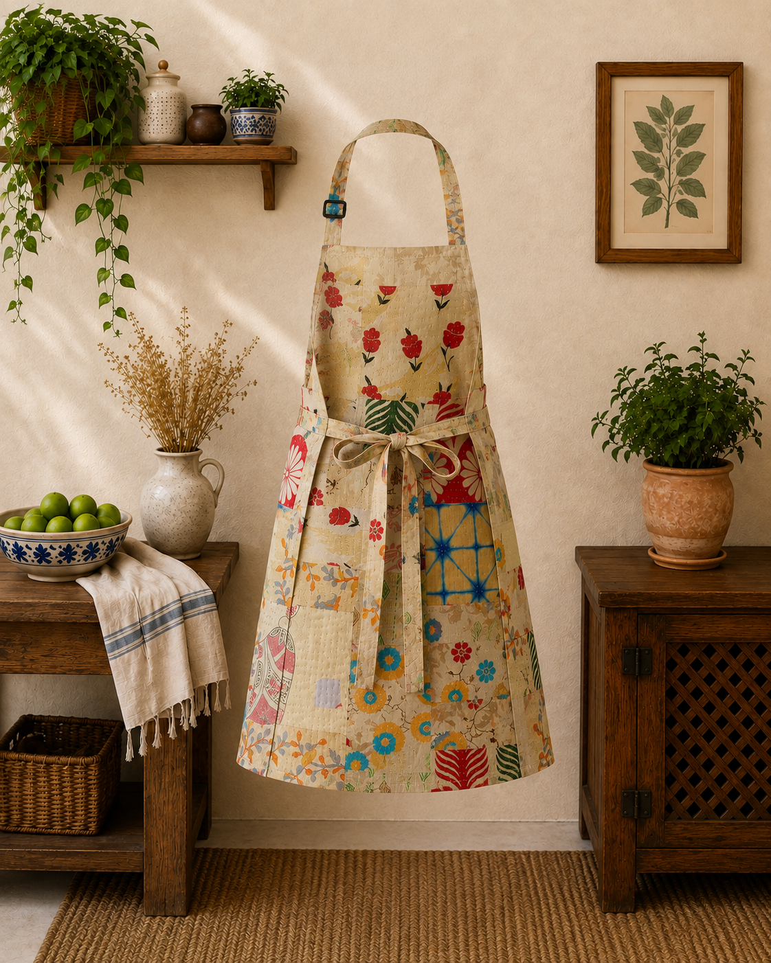 Vintage Kantha Patchwork Cotton Apron – Handmade Recycled Sari Kitchen Apron - Image 5