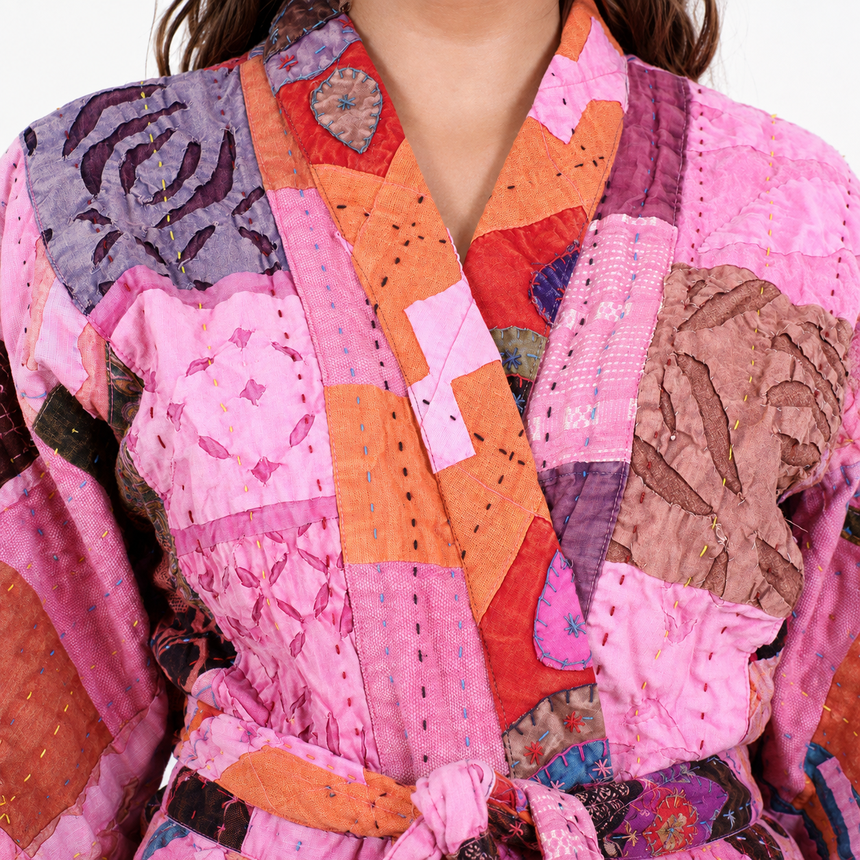 Pink & Orange Patchwork Kantha Kimono Jacket – Handmade 3 Layer Cotton Belted Boho Robe for Women - Image 5