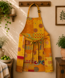 Alternative view of Yellow Orange Vintage Kantha Patchwork Apron – Handmade Cotton Sari Kitchen Apron