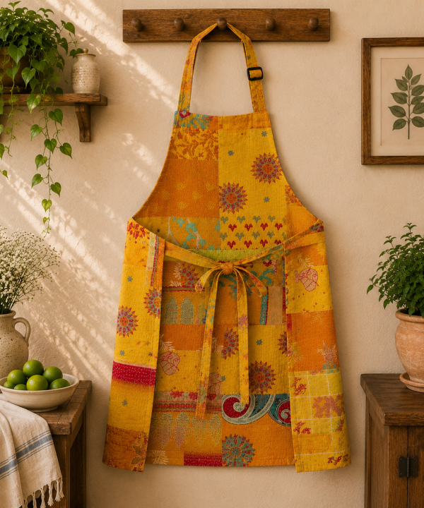 Alternative view of Yellow Orange Vintage Kantha Patchwork Apron – Handmade Cotton Sari Kitchen Apron