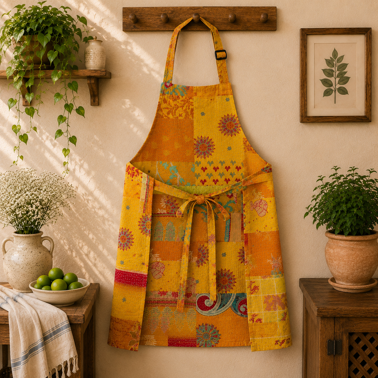 Yellow Orange Vintage Kantha Patchwork Apron – Handmade Cotton Sari Kitchen Apron - Image 2