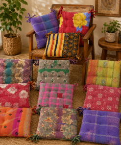 Set of 5 Vintage Kantha Chair Pads with Ties – Handmade Patchwork Cotton Seat Cushions – Boho Indian Chair Cushions
