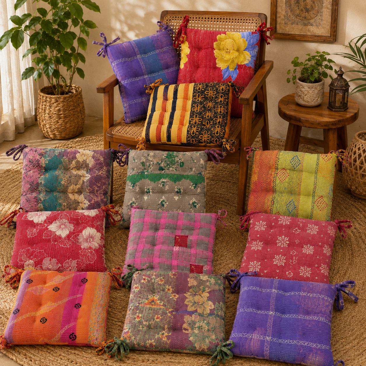 Set of 5 Vintage Kantha Chair Pads – Handmade Cotton Sari Seat Cushions with Ties - Image 4
