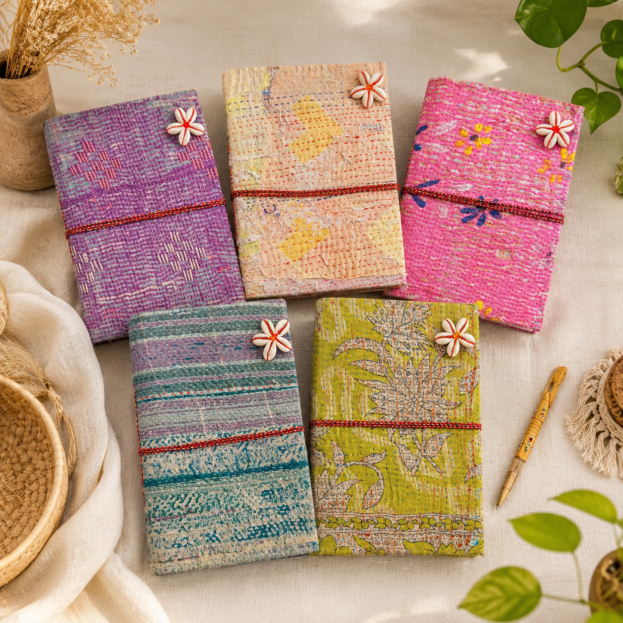 Set of 2 Vintage Kantha Handmade Journals – Recycled Sari Fabric Notebook, 100 Pages Boho Indian Diary - Image 5
