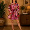 Pink & Red Multicolor Patchwork Kantha Kimono Jacket – Handmade 3 Layer Cotton Belted Boho Robe for Women