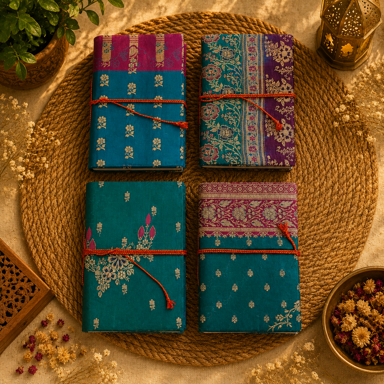 Set of 5 Handmade Indian Fabric Journals – Traditional Brocade Notebook, Vintage Style Writing Diary, Boho Gift Journal - Image 3