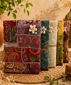 Set of 5 Vintage Kantha Journals – Handmade Recycled Fabric Notebook, Colorful Patchwork Diary, Boho Writing Journal