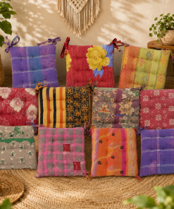 Alternative view of Set of 5 Vintage Kantha Chair Pads with Ties – Handmade Patchwork Cotton Seat Cushions – Boho Indian Chair Cushions