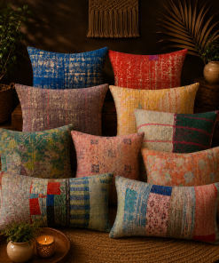 Set of 5 Vintage Kantha Pillow Covers 18x18 Inches – Handmade Patchwork Cushion Covers, Boho Indian Home Decor