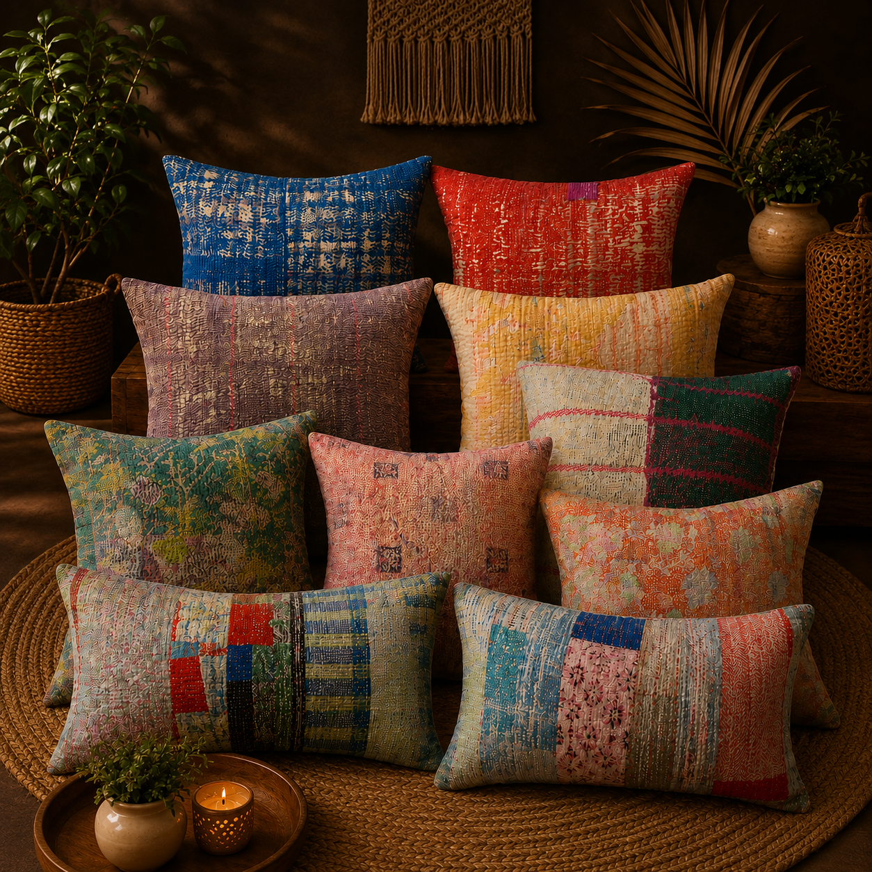 Set of 5 Vintage Kantha Pillow Covers 18x18 Inches – Handmade Patchwork Cushion Covers, Boho Indian Home Decor