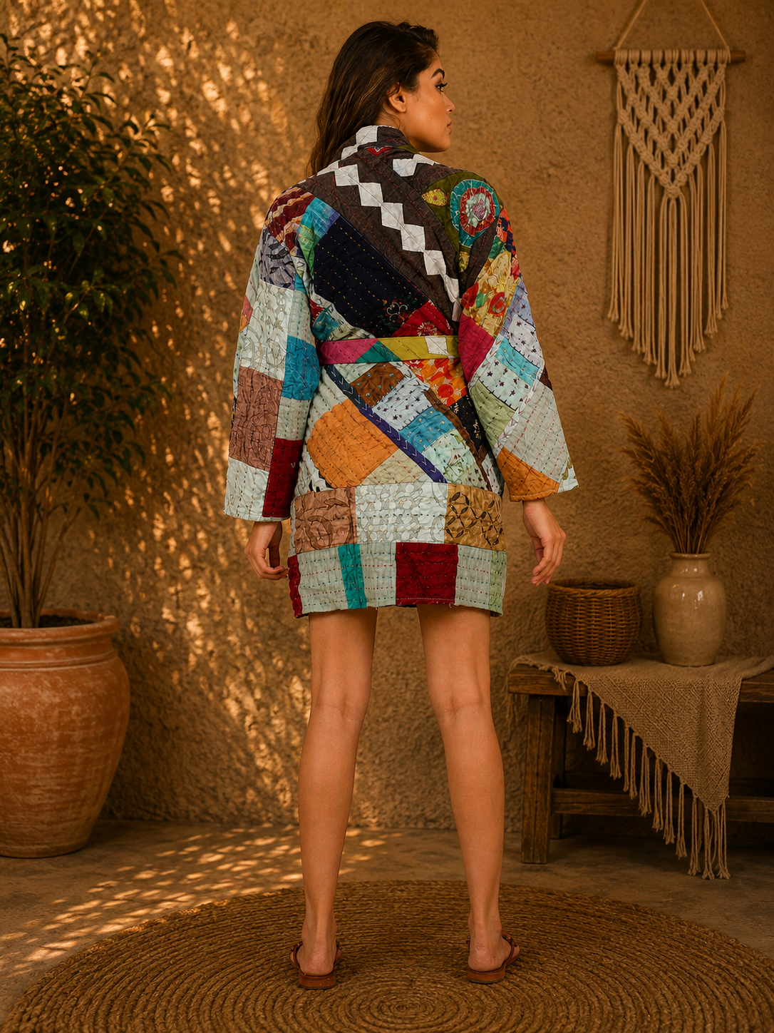 Rust Red & Sage Green Multicolor Patchwork Kantha Jacket – 3 Layer Cotton Boho Coat - Image 4