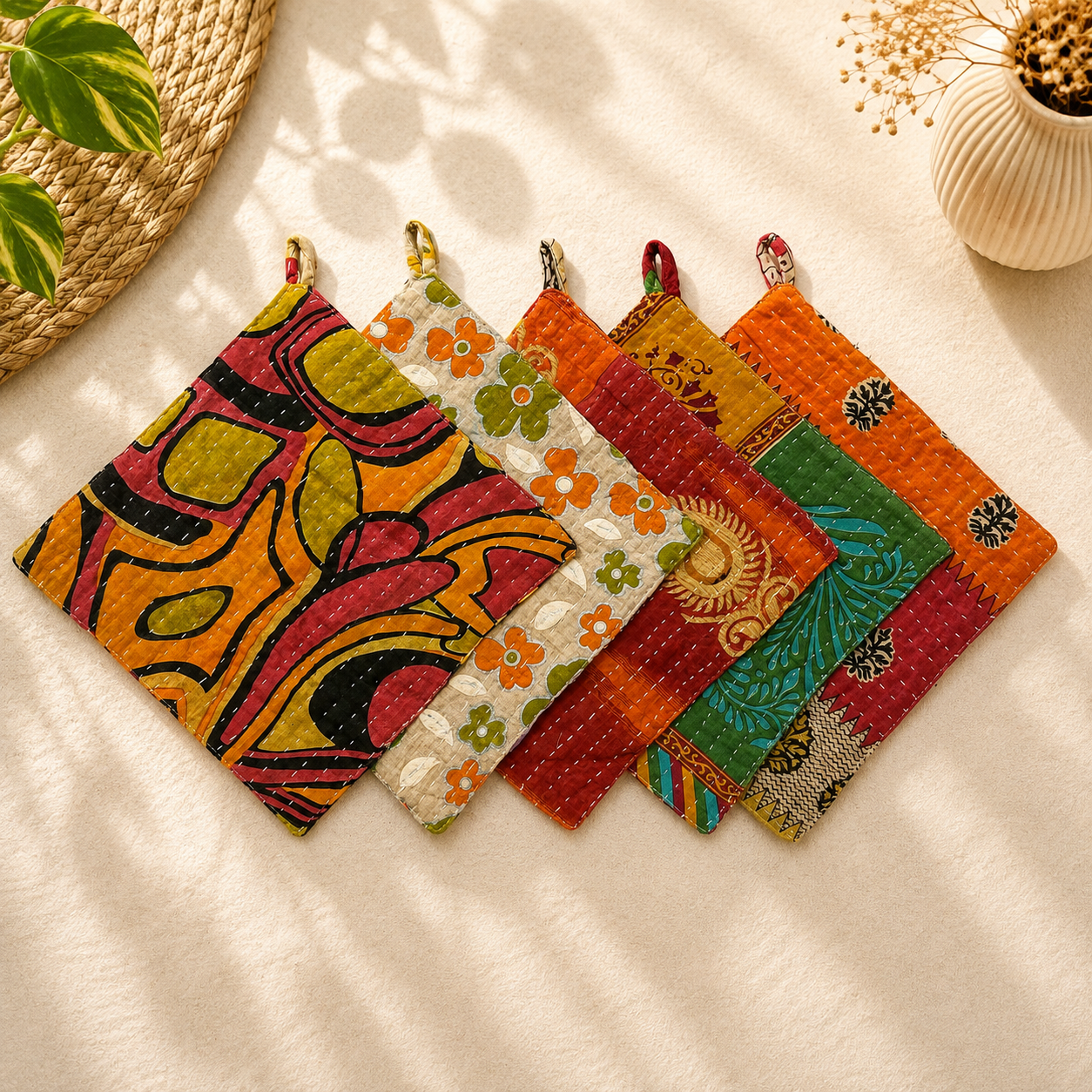 Set of 4 Vintage Kantha Pot Holders – Handmade Cotton Sari Hot Pads - Image 4