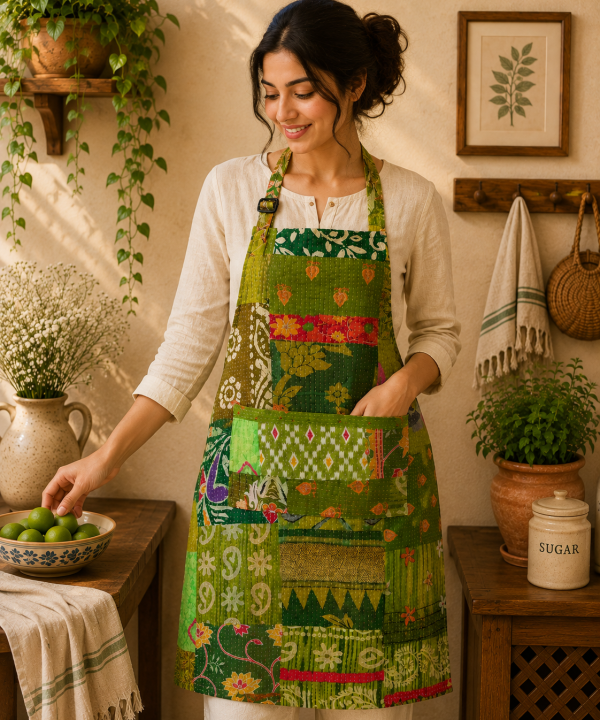 Green Vintage Kantha Patchwork Apron – Handmade Cotton Sari Kitchen Apron