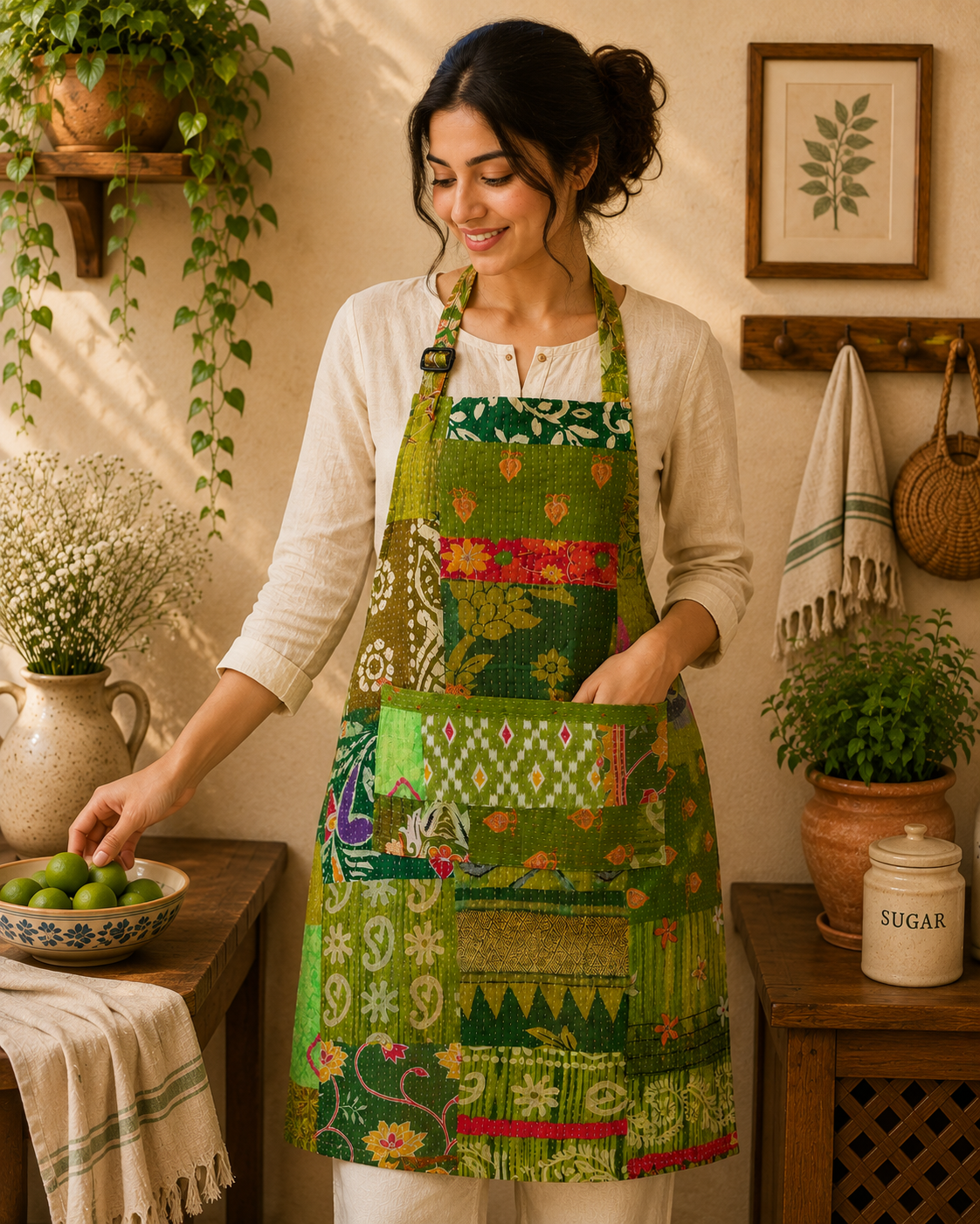 Green Vintage Kantha Patchwork Apron – Handmade Cotton Sari Kitchen Apron