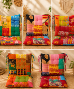 12x12 Vintage Kantha Chair Pad – Handmade Patchwork Cotton Seat Cushion