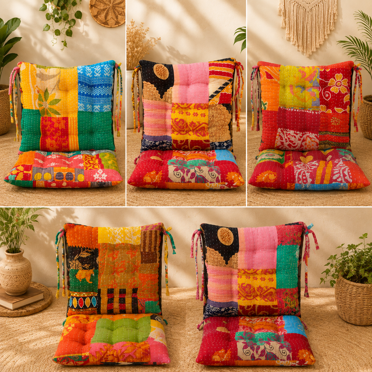 12x12 Vintage Kantha Chair Pad – Handmade Patchwork Cotton Seat Cushion