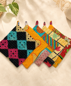 Alternative view of Set of 4 Vintage Kantha Pot Holders – Handmade Cotton Sari Hot Pads