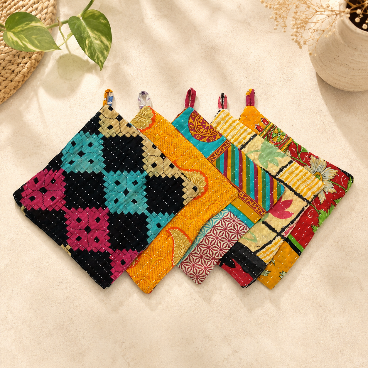 Set of 4 Vintage Kantha Pot Holders – Handmade Cotton Sari Hot Pads - Image 2