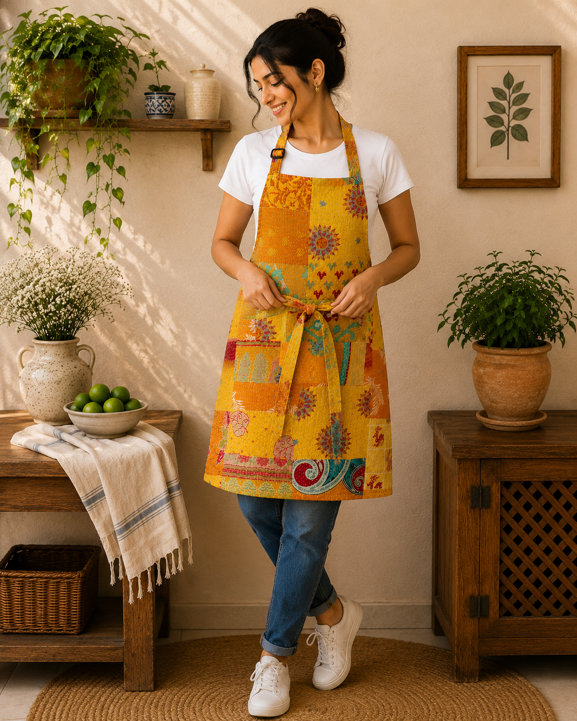 Yellow Orange Vintage Kantha Patchwork Apron – Handmade Cotton Sari Kitchen Apron - Image 3