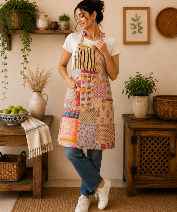Cream Pink Vintage Kantha Patchwork Apron – Handmade Cotton Sari Kitchen Apron