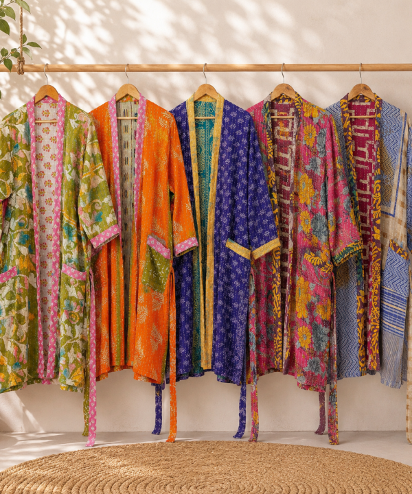 Vintage Kantha Kimono Robe 1 Pcs – Reversible Cotton Sari Patchwork Long Jacket