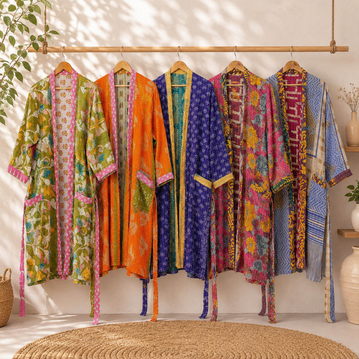 Vintage Kantha Kimono Robe 1 Pcs – Reversible Cotton Sari Patchwork Long Jacket - Image 3